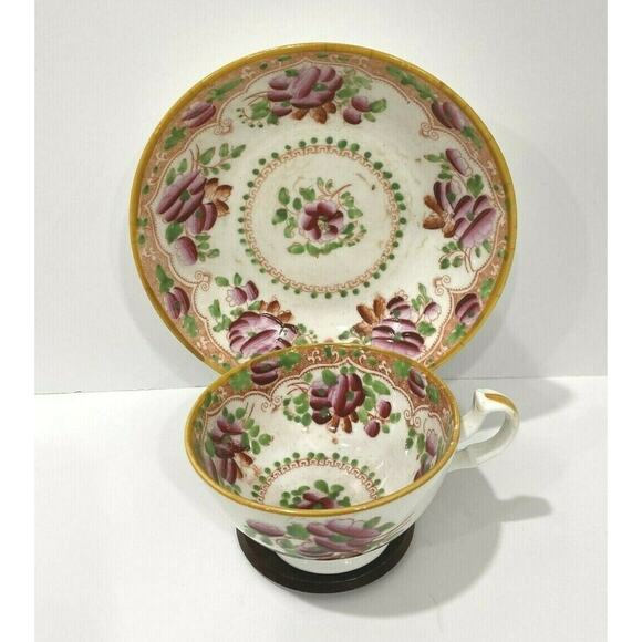 Gaudy Dutch Tea Cup & Saucer Set handpainted roses - Picture 1 of 9